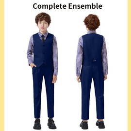 KEYWANTS Boys Blue Suit Size 12 Big Boy Birthday Outfit Kids Wedding Tuxedo Suits Vest and Pants Set with Plaid Shirt and Tie