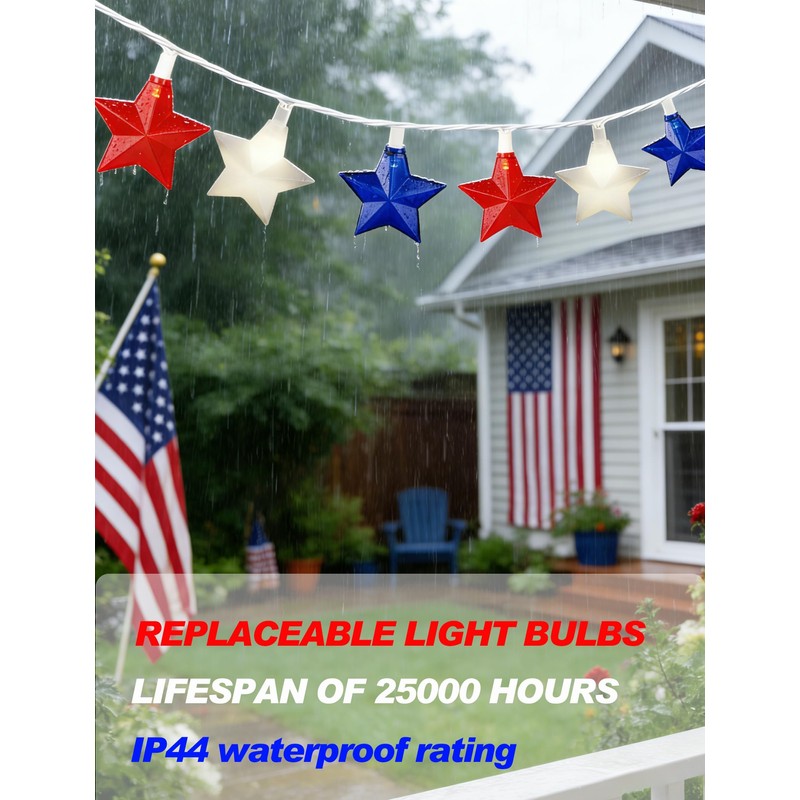 20-Light Patriotic Star String Lights, Red White and Blue LED