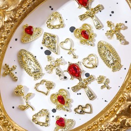 Gold Charm Nail Rhinestone - 3D Alloy Cross Heart Shaped Rose Nail Gems 14pcs Retro Metal Nail Jewelry Accessories with Red Diamond Design Sparkling DIY Charms for Manicure Decor