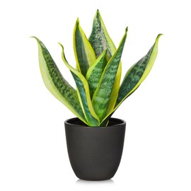 Fake Plant 11.22 Inch Fake Snake Plant Artificial Plants Indoor Sansevieria Faux Plants with Black Pot Artificial Snake Plant for Living Room Bathroom Office Table Centerpieces Shelf Home Decor