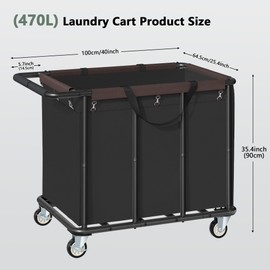 470L Heavy Duty Commercial Laundry Cart with Wheels,Industrial Rolling Laundry Hamper, Extra Large Laundry Basket, Metal Frame for Hotel/Hospital/Home, 440lbs (Black)