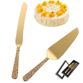 Juego de Corte de Pasteles para Bodas - Cuchillos y Servidor Dorado Grabado Vintage