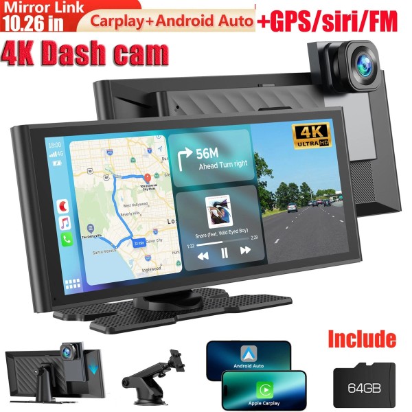 LAMTTO 10.26"4K Dash Camera Wireless Car Stereo Radio Apple Carplay&Androi