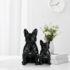 SHENGTIAN French Bulldog Decorative Statue - Resin Dog Sculpture with Silver Necklace - Decorative Figure for Living Room, Office, Hallway and Bedroom (Black, 23 cm)