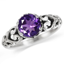 Silvershake 7MM Round Shape Gemstone 925 Sterling Silver Scroll/Filigree Victorian Style Solitaire Ring Jewelry for Women, 10, Sterling Silver Rhodium/White Gold & Antique Finishing, Amethyst