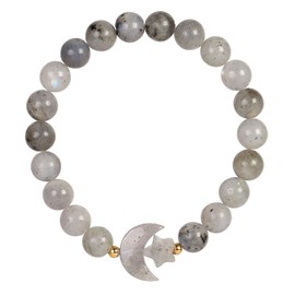 mookaitedecor Moon & Star Charm Labradorite Healing Crystal Beads Bracelet Jewellery Gift for Women Girls, 8mm Beads Quartz Crystal Semi Precious Stone Stretch Bracelet for Chakra Energy Balancing