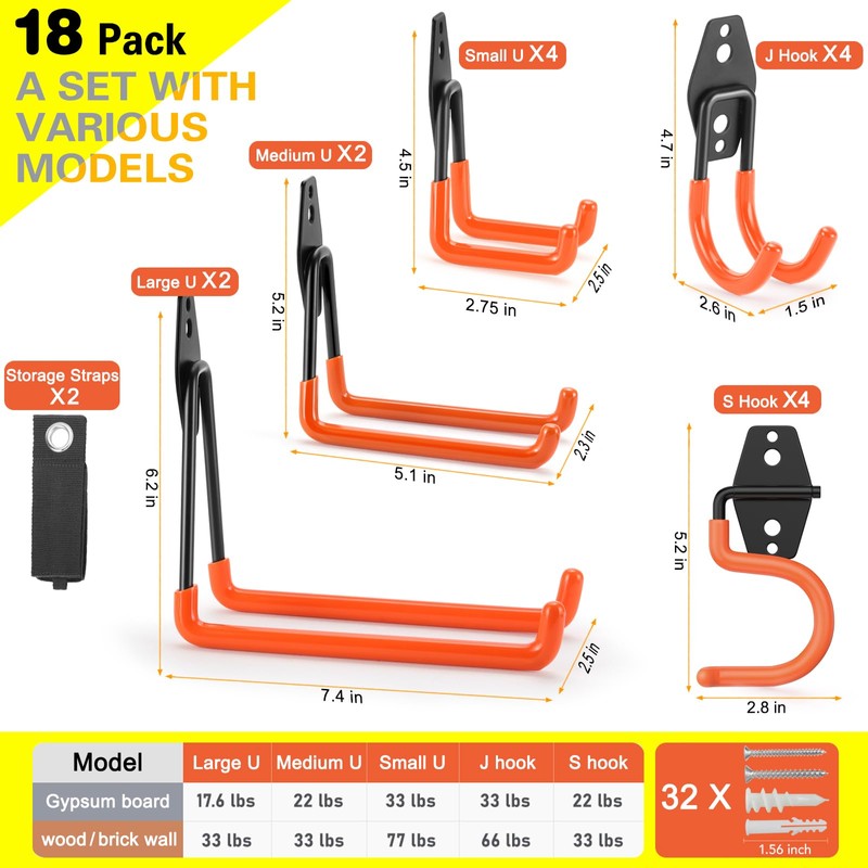 LUPYJI 18 Pack Garage Hooks Heavy Duty, Wall Mount Steel