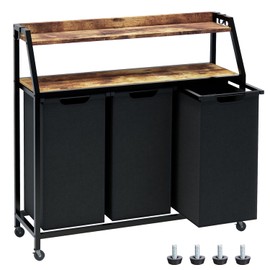 Timberer Laundry Hamper, Laundry Sorter 3 Section, Rolling Laundry Basket with Wheels, 2 Shelves, 3 × 14.5 Gal, Pull-Out and Removable Oxford Fabric Bags, for Laundry Room, Black and Rustic Brown