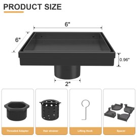 EBYTE Square Shower Drain, 6 Inch Black 304 Stainless Steel Shower Drain with 2-in-1 Tile Insert Panels, Hair Catcher, Shower Floor Drain, Fits Bathroom, Balcony, Hotel, School