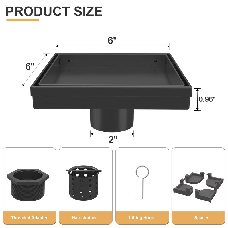 EBYTE Square Shower Drain, 6 Inch Black 304 Stainless Steel