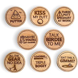 Funny Golf Ball Markers | Set of 8 Novelty Wooden Engraved Markers | Joke Golf Accessories For The Putting Green | Gift For Men | Perfect For Dad On Father's Day