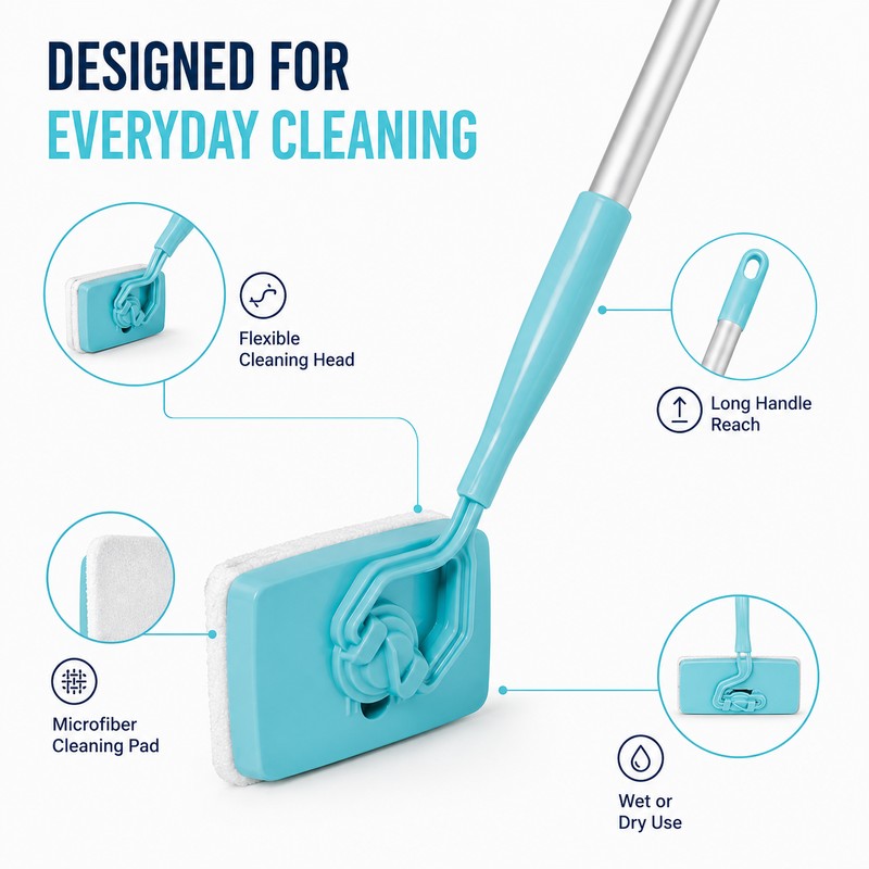 Long-Handle Baseboard Cleaner Mop, 112 cm Swivel Cleaning Tool with