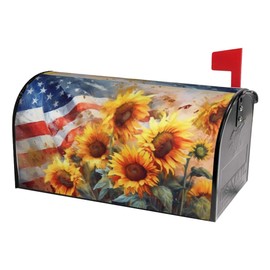 Watercolor Sunflowers with American Flag Mailbox Covers Magnetic Standard Size, Spring Summer Floral Magnetic Mailbox Covers Mailbox Wraps Post Letter Box Cover for Holiday Outside Yard Decor 18"x21"