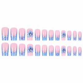 MERVF Long Square Press on Nails Blue French Tip Fake Nails 3D Flower Glue ons Squoval Summer Acrylic Nail Ocean Design Manicure Supplies Art DIY Glossy 24pcs