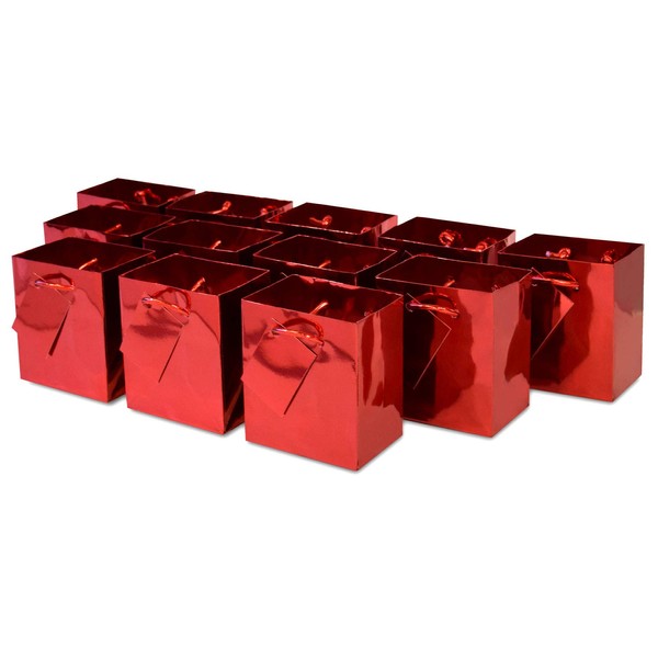 Red Gift Bags with Haandles - 12 Pack Extra Small Metallic Designer Paper Gift Bags with Handles, Mini Gift Wrap Euro Totes for Birthdays, Party Favors, Valentines, Christmas, Holidays, Bulk - 4x2.75x4.5