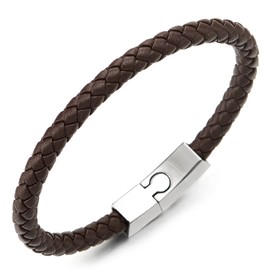 COOLSTEELANDBEYOND Unisex Mens Women Thin Brown Braided Leather Bracelet Leather Bangle Wristband, Steel Magnetic Clasp