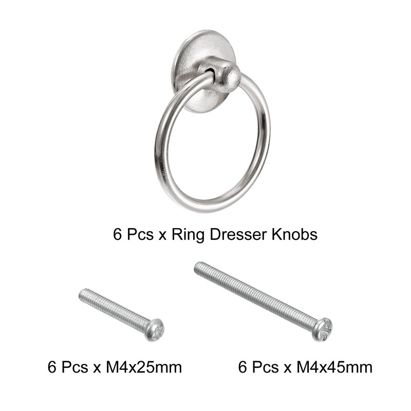 uxcell 6Pcs Round Ring Pulls, Dresser Knobs Silver Circle Drawer