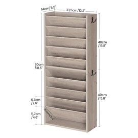 CHOEZON Wall File Organizer, 10-Tier Hanging Mail Organizer, Wall Mount File Holder with 4 Side Hooks, Industrial Mail and Storage Organizer, Wooden Vertical Hanging Holder for Office, Greige MWJ03FH