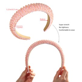 VicJasmine Jeweled Headband for Women Girls - Rhinestone Crystal Beaded Bling Hairband Wide Non Slip Hair Accessories Cute Padded Fashion Elegant Headpiece (Pink)