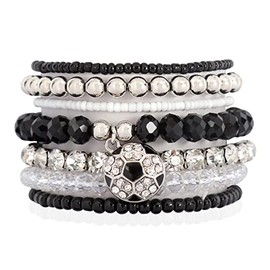 RIAH FASHION Sports Charm Adjustable Wired Bangle Bracelet - Game Day Team Wire Cuff Softball, Soccer, Football, baseball, basketball, Mom Pendant (Multi 7 Layer Sports - Socccer)