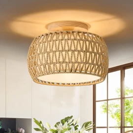 ALAISLYC Boho Rattan Flush Mount Ceiling Lights 12 Inch Farmhouse Ceiling Light Fixtures Rustic Wicker Hand Woven Rope Cage for Dining Room Kitchen Bedroom Foyer Hallway Entryway