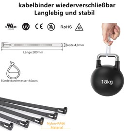 Gfortune Cable Ties Resealable 4.8 mm x 200 mm Tensile Strength: 180N/18kg, Pack of 100, UV-Resistant Nylon Cable Ties, Black