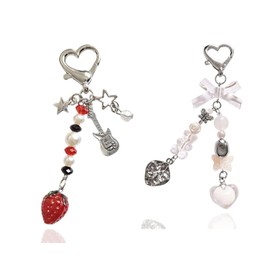 Meefisher 2 PCS Set Y2K Aesthetic Cute Keyring Strawberry Butterfly Accessories Bear Guitar Keychain for Women Bag Charms Pendant