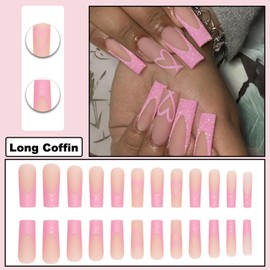 DOCVOEOMH Valentines Press on Nails Long Square French Pink Fake Nails with Simple Heart Design Valentine Full Cover Glue ons Artificial False Stick on Acrylic Nail for Women 24PCS