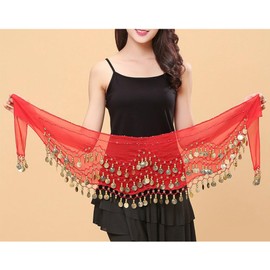 SDKZBFC Belly Dance Hip Scarf ，128 Gold Coins Chiffon Belly Dance Hip Scarf Dance Skirt Belt Waist Chain Red