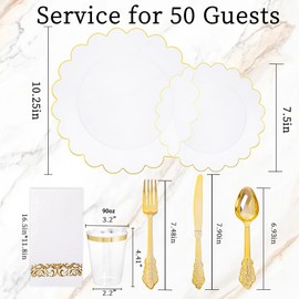 LIYH 350 Pcs Clear and Gold Plastic Disposable Dinnerware Set - Plastic Gold Scalloped Plates Include Disposable Dinner & Dessert Plates Silverware, Cups Napkins for Birthday Bridal Wedding