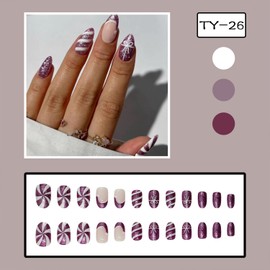 Christmas Press on Nails Short Oval Fake Nails With Candy Bow Stripe Designs Purple Glitter Xmas Hat French Tip False Nails Full Cover Stick on Nails Acrylic Winter Artificial Nails for Women 24 Pcs