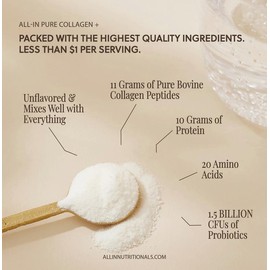 All-In Pure Collagen Plus – Fast-Dissolving Powder with 11g Collagen Peptides & 1.5B CFU Probiotics – Supports Hair, Skin, Nails & Gut Health