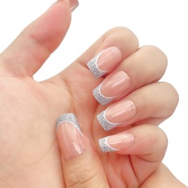NGMATY Press On Nails Nude Pink Medium Square Manicure French Silver Glitter Fake Nails Glitter Nail Pads 12 Sizes - 24 Pcs Gel False Nail Set
