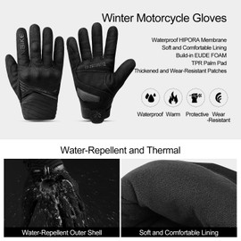 INBIKE Waterproof Winter Motorcycle Gloves Thermal Fleece Touchscreen with TPR Palm Pad Cushioning Hard Knuckle Black XX-Large