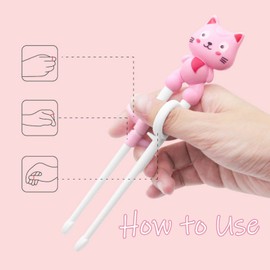 Training Chopsticks Toddler Chopsticks, Cute Animal Shape Easy to Use Learning Reusable Chopsticks Helper With attachable Trainer for Kids Child Baby Adults Beginners, Pink Cat, Dishwasher Safe