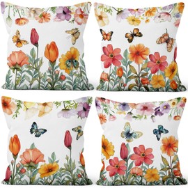 Vie Savaran 4 Pcs/Set Floral Pillow Covers Pink Flowers Green Leaves Colorful Butterflies Nature Plants Rustic Farmhouse Decor Throw Pillow Covers for Outdoor Home Couch Sofa Bedroom, 18"x18"