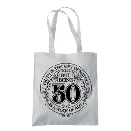 Dead Set Studio 50th Birthday Tote Bags, 50th Birthday Bag for Women Born in 1975, Funny & Stylish 50th Gift Bag for 50 Year Old Women LIGHT GREY