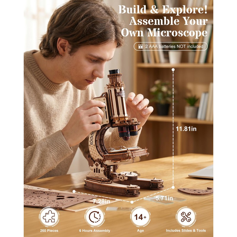 ROKR Wooden 3D Puzzle Building Kit, Real Optical Microscope with