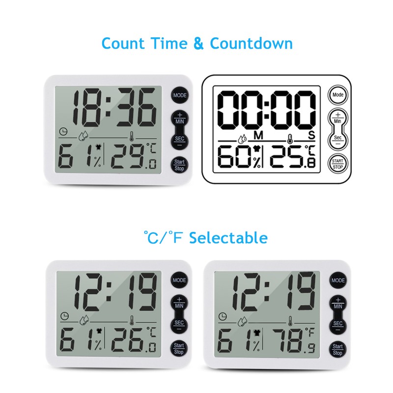 Digital Indoor Thermometer & Hygrometer with Clock LCD Display ℃/