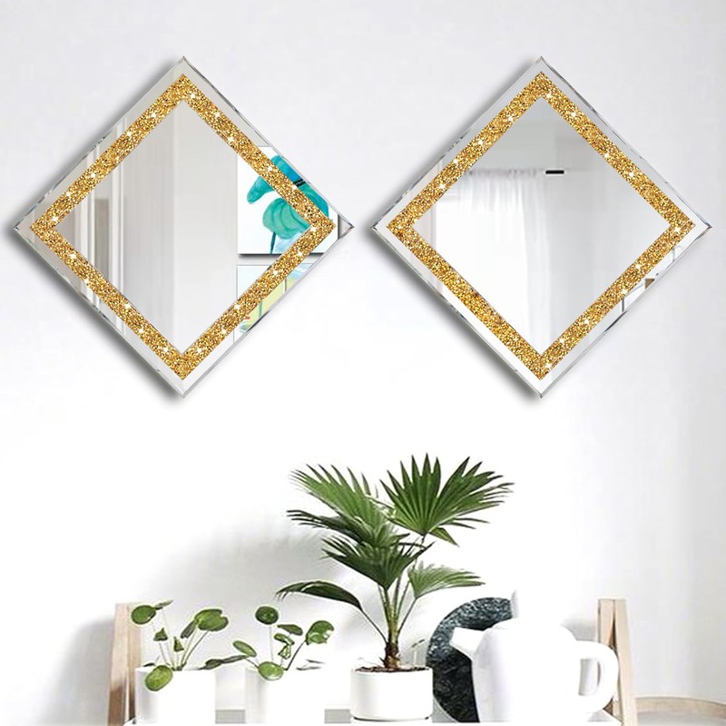ZOLAPI 2PCS Crystal Rhinestone Diamond Wall Mirror.Brilliant Hand-Spliced Glass Mirror.Gold