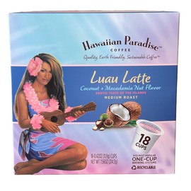 Hawaiian Paradise Coffee Luau Latte Coconut & Macadamia Nut Flavor Single Serve Cups (18 Cups) – Medium Roast with an Amazing Aroma – Compatible with Keurig K-Cup Brewers