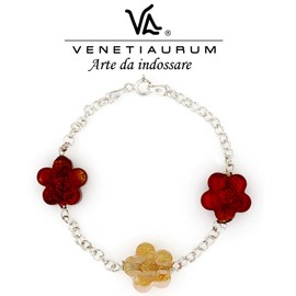 Venetiaurum - Bracelet with Original Murano Glass Flowers and 925 Sterling Silver Chain - Made in Italy Certified Jewel