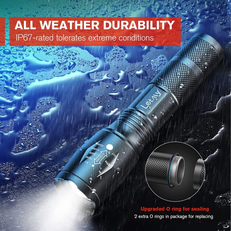 LETMY LED Tactical Flashlight S2000 [4 Pack] - High Lumens,