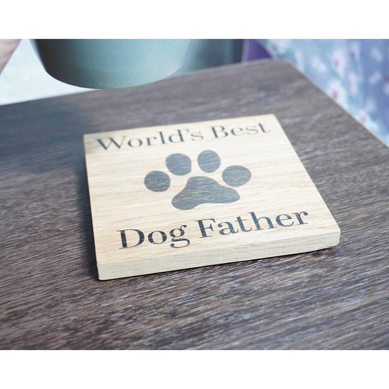 Worlds Best Dog Father Solid Oak Coaster. Ideal Present from