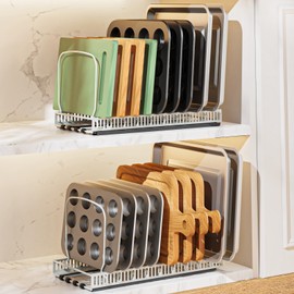 Housolution 2 Pack Baking Tray and Cookie Sheet Organizer, Cutting Board Organizer with 2 Using Methods, Bakeware Muffin Tin Storage Rack with 10 Adjustable Dividers for Cabinet, White