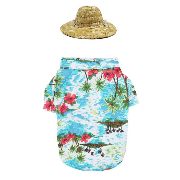 POPETPOP Hawaiian Dog Shirt with Straw Hat : Dog Summer