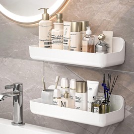 CGBE 2-Pack Acrylic Shower Shelves, Large Capacity Adhesive Shower Shelf, No Drilling Adhesive Bathroom Shelf with Drain Holes,Clear Wall Mount Organizer for Bathroom Storage