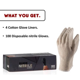 Nechtik BBQ Gloves disposable - 4 Cotton Glove Liners and 100 Disposable Gloves - Machine Washable Cotton Liners - Powder Free, Latex Free Black Nitrile Gloves (100, XL)