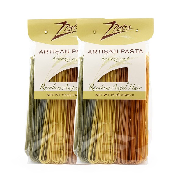 ZPasta Rainbow Angel Hair – Pasta artesanal de corte bronce, 12 oz Paquete de 2
