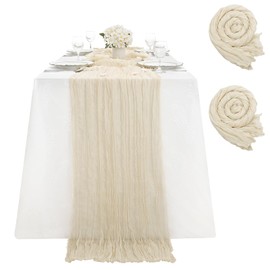 Set of 2 Table Runners Beige Gauze Cheese Cloth Table Runner 90 x 300 cm Kitchen Decorative Fabric Table Decoration Wedding Party Birthday Boho Decor Washable